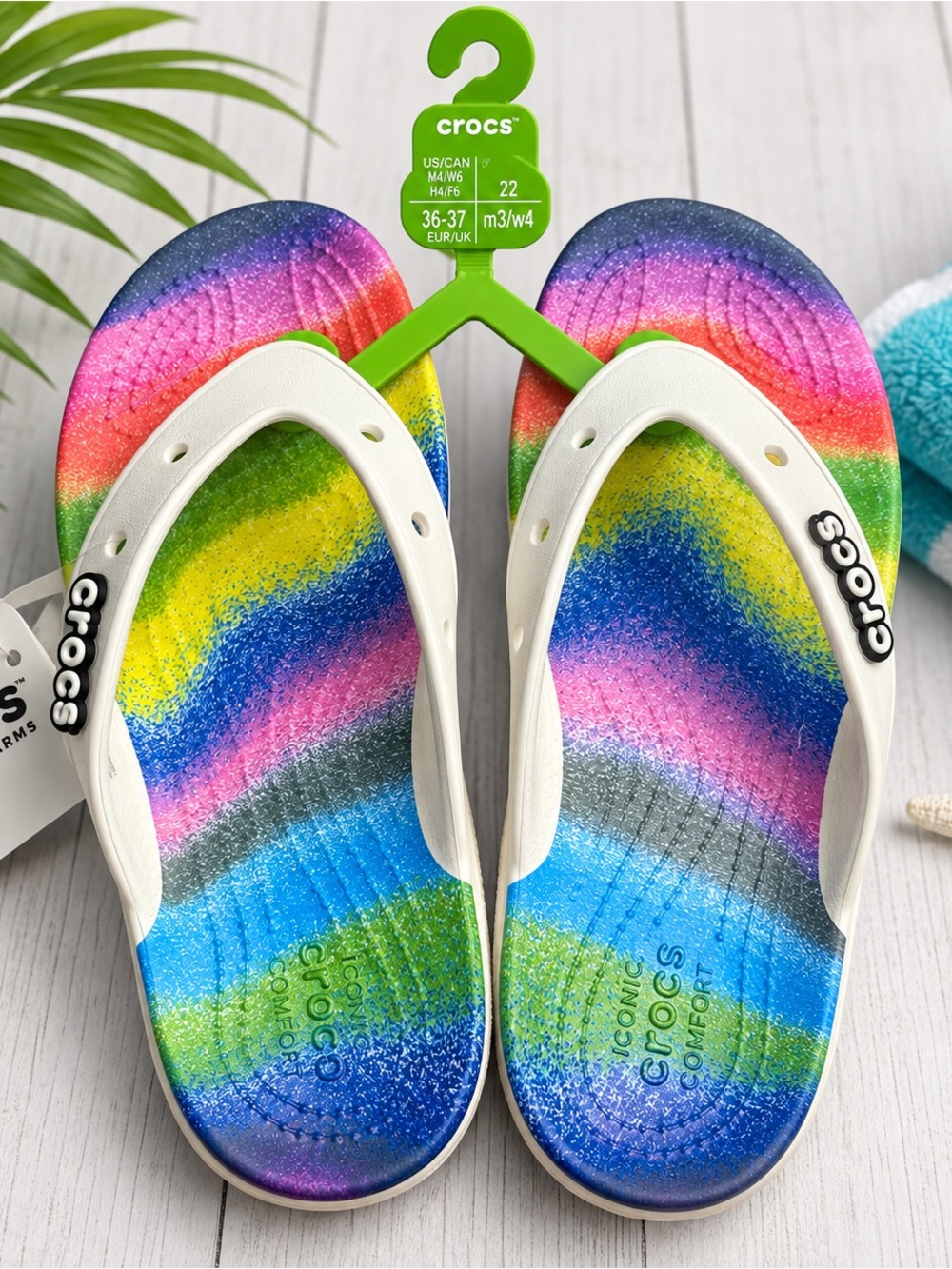 New Crocs Classic Spray Dye Flip Flops White Multi Rainbow M4 W6
